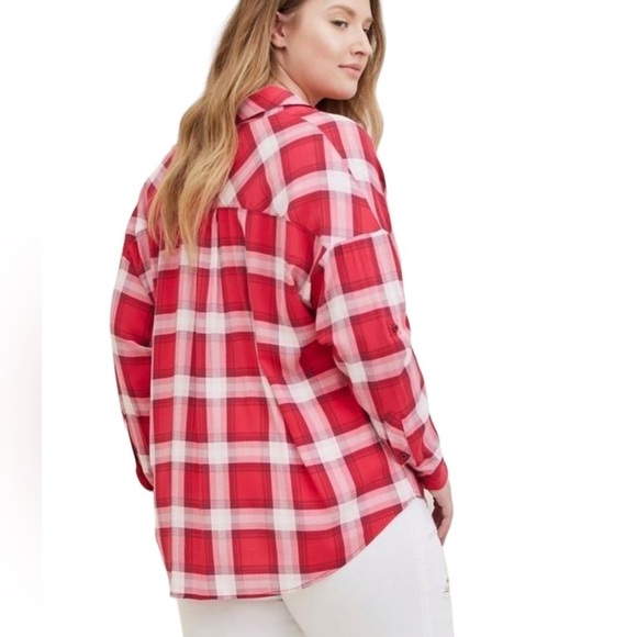 Torrid Long Sleeve Red‎ Pink Plaid 3/4 Roll Tab Sleeves Button Down 3XL - Picture 2 of 10